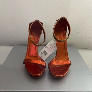 Gucci Metallic Orange Leather High Heel Sandals